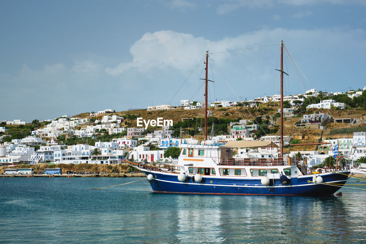 Vessel schooner moored in port harbor of mykonos island, greece