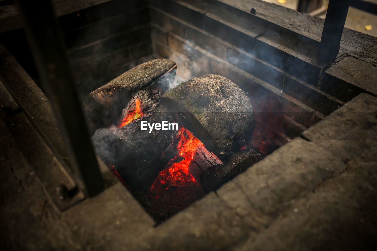 High angle view of bonfire