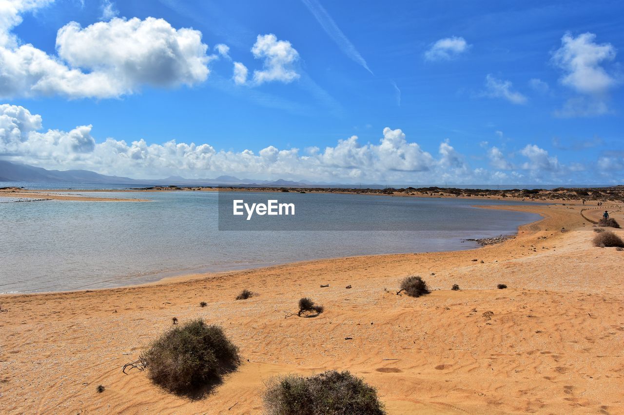 Scenic view of beach against blue sky