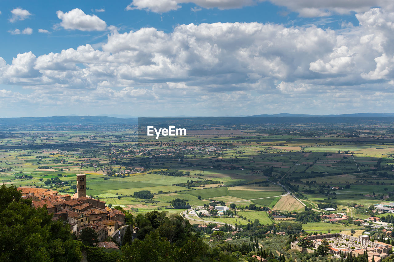 Aerial view of landscape against cloudy sky