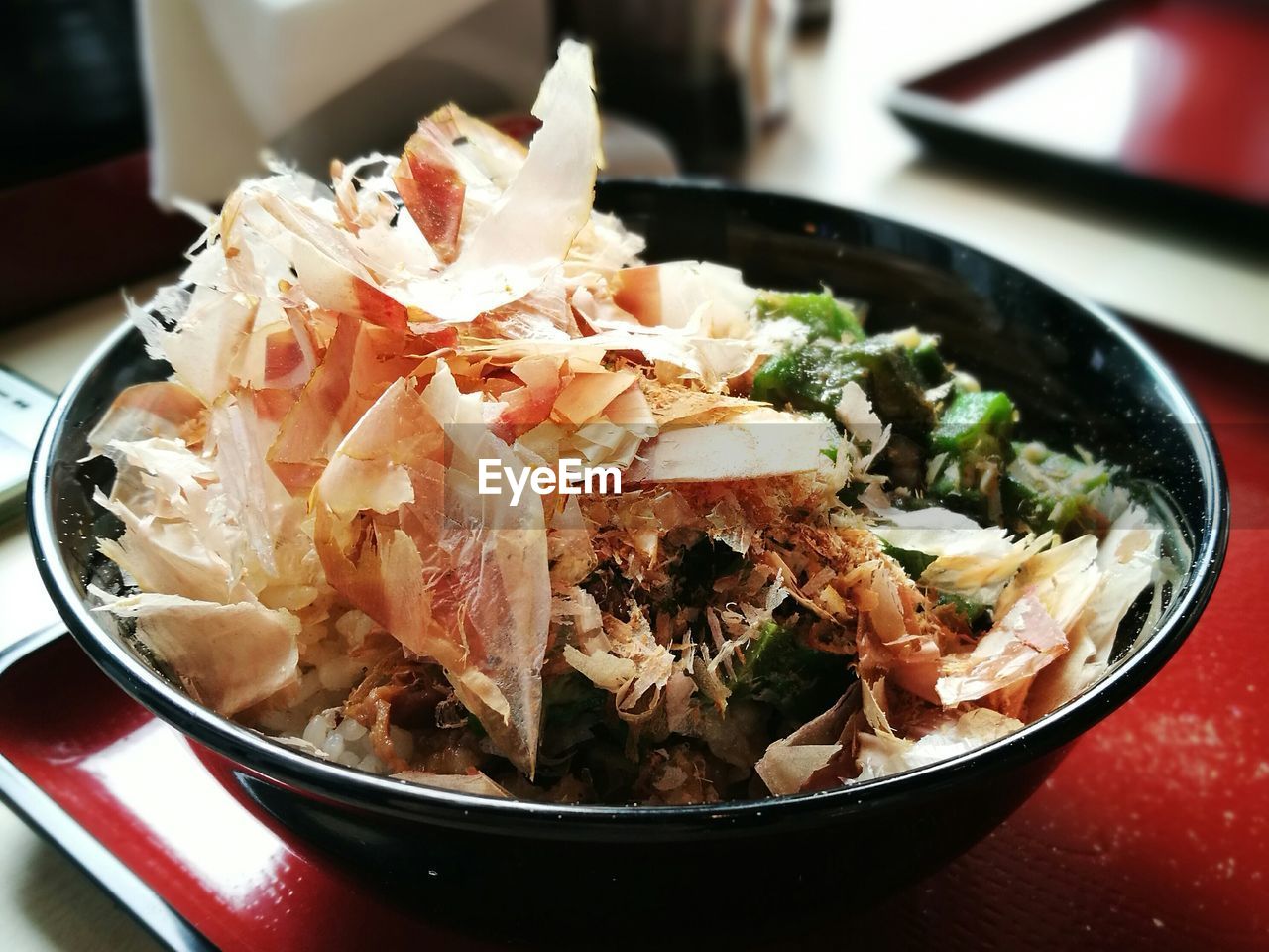 Close-up of food served in bowl on tray