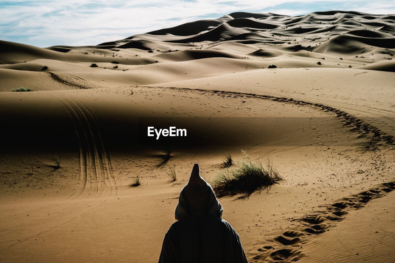 Rear view of person in desert against sky
