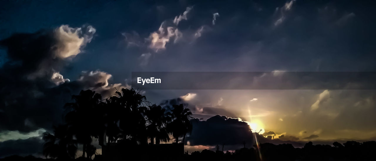 LOW ANGLE VIEW OF SILHOUETTE TREES AGAINST DRAMATIC SKY AT SUNSET