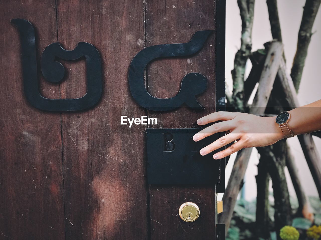 Cropped hand of person holding door
