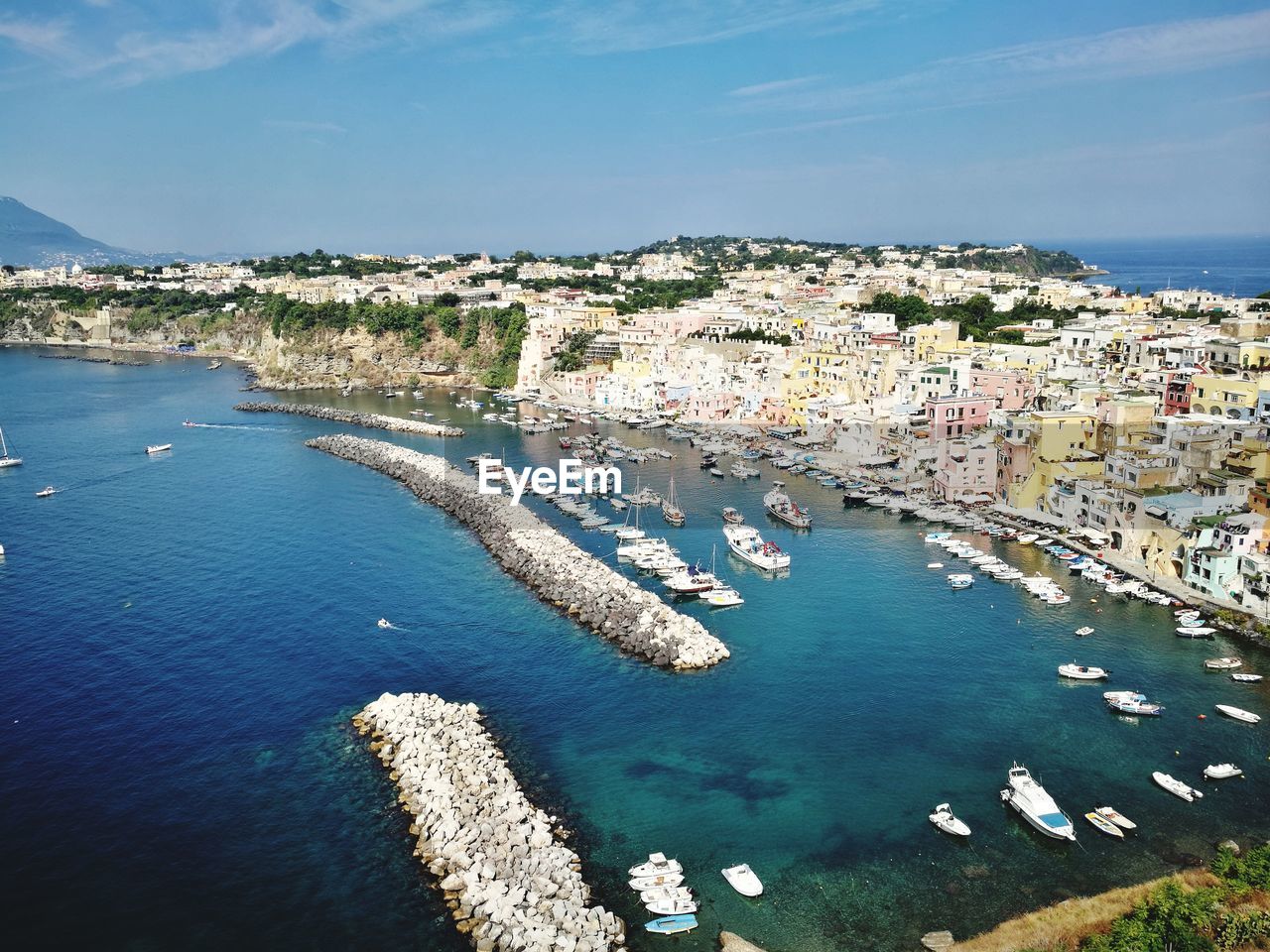 High angle view of town by sea