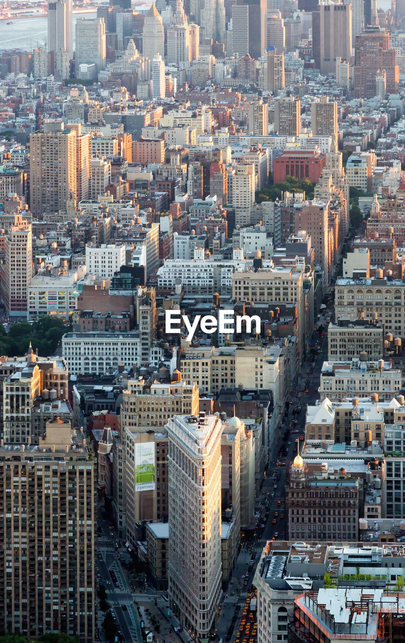 High angle view of flatiron building and skyscrapers in manhattan 