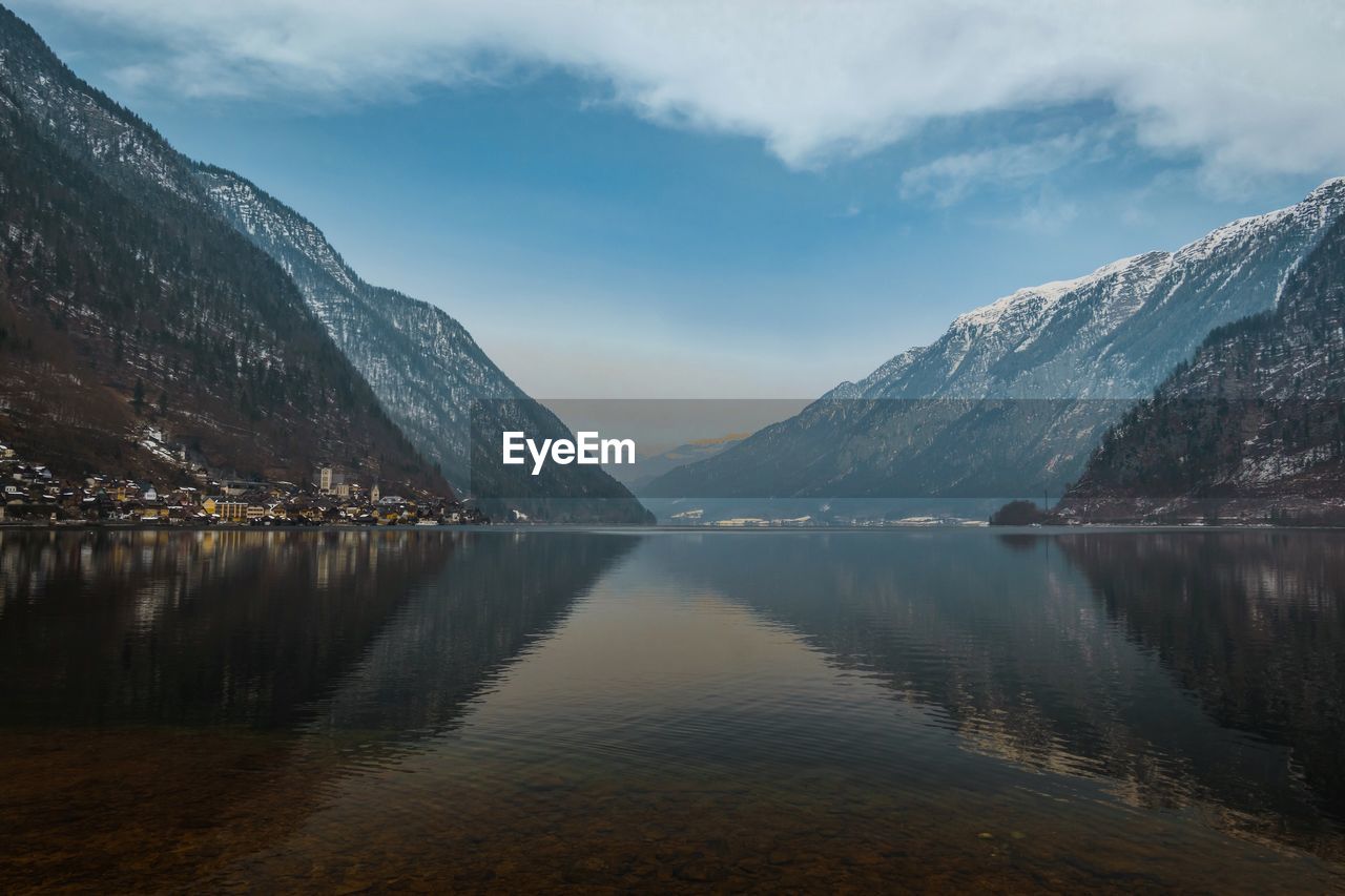 Scenic view of lake and snowcapped mountains against sky