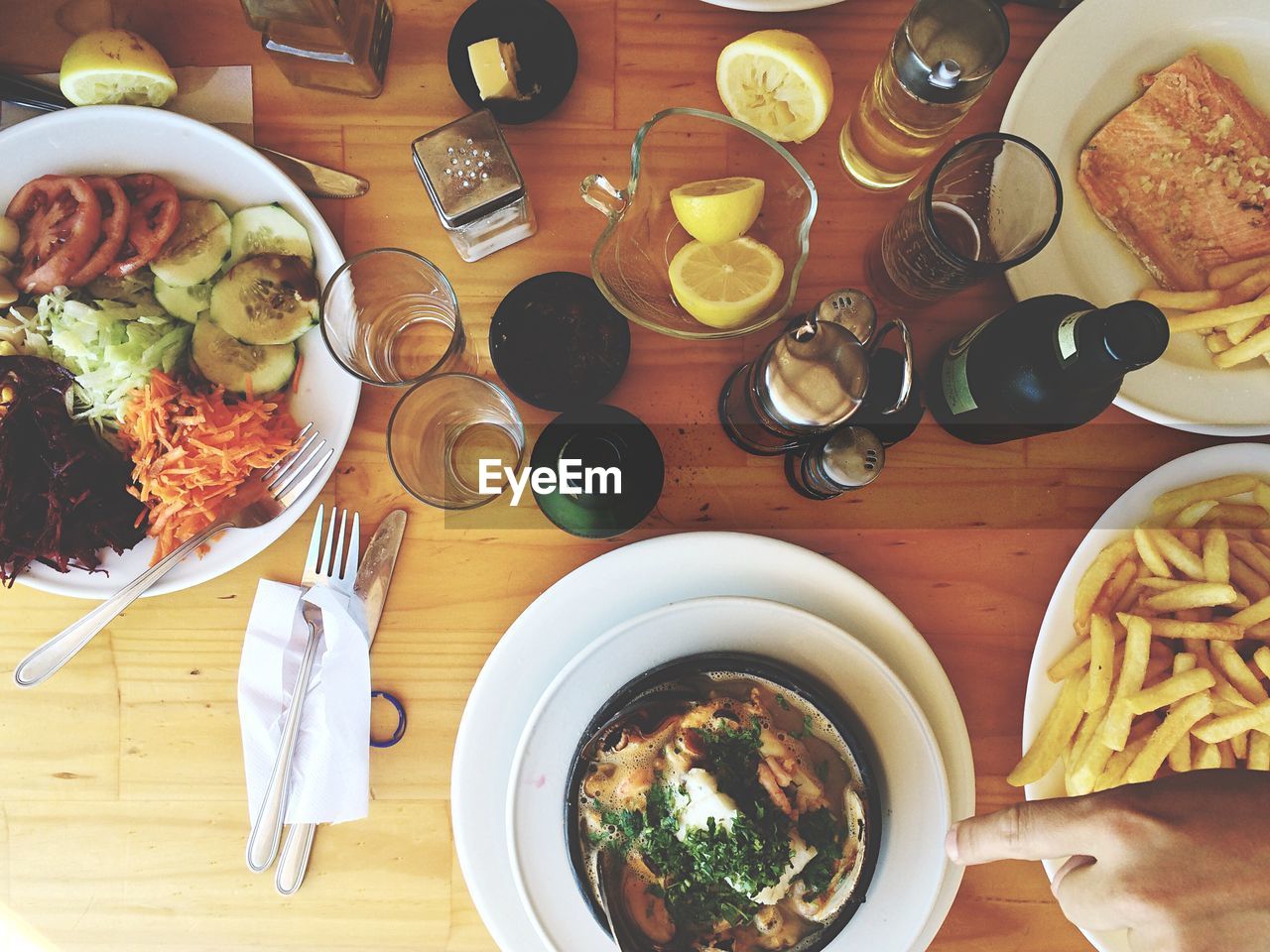 Directly above shot of meal served on table