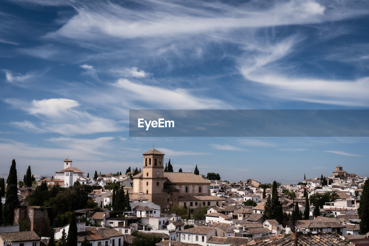 High angle shot of townscape against sky