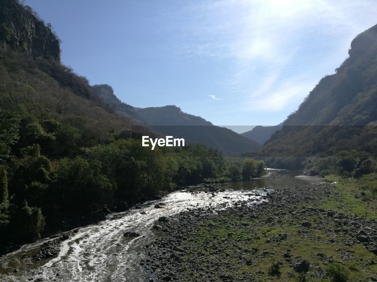 Scenic view of river amidst mountains against sky