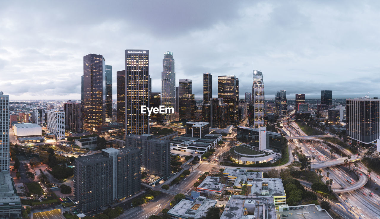 Aerial over downtown los angeles at dawn