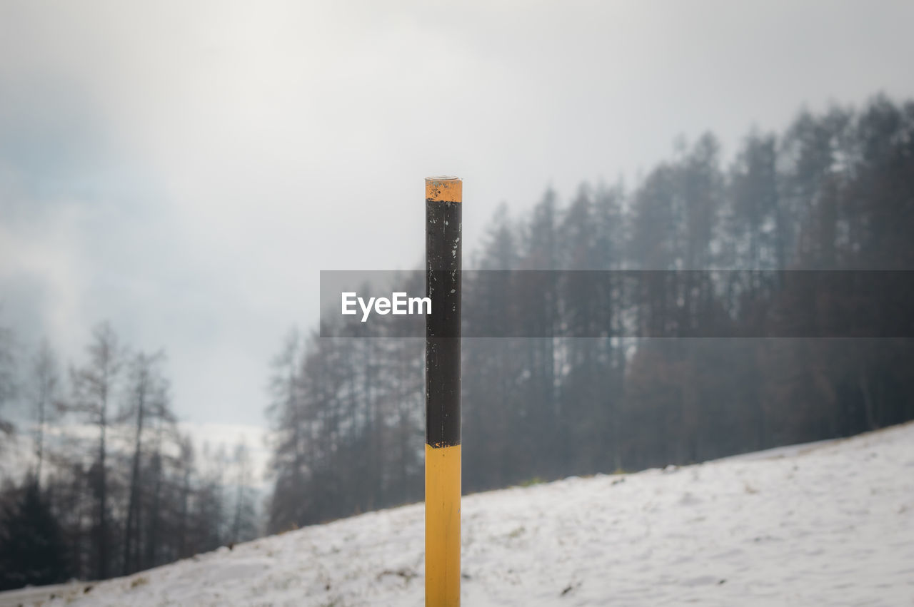 CLOSE-UP OF WOODEN POST AGAINST SNOW COVERED TREES