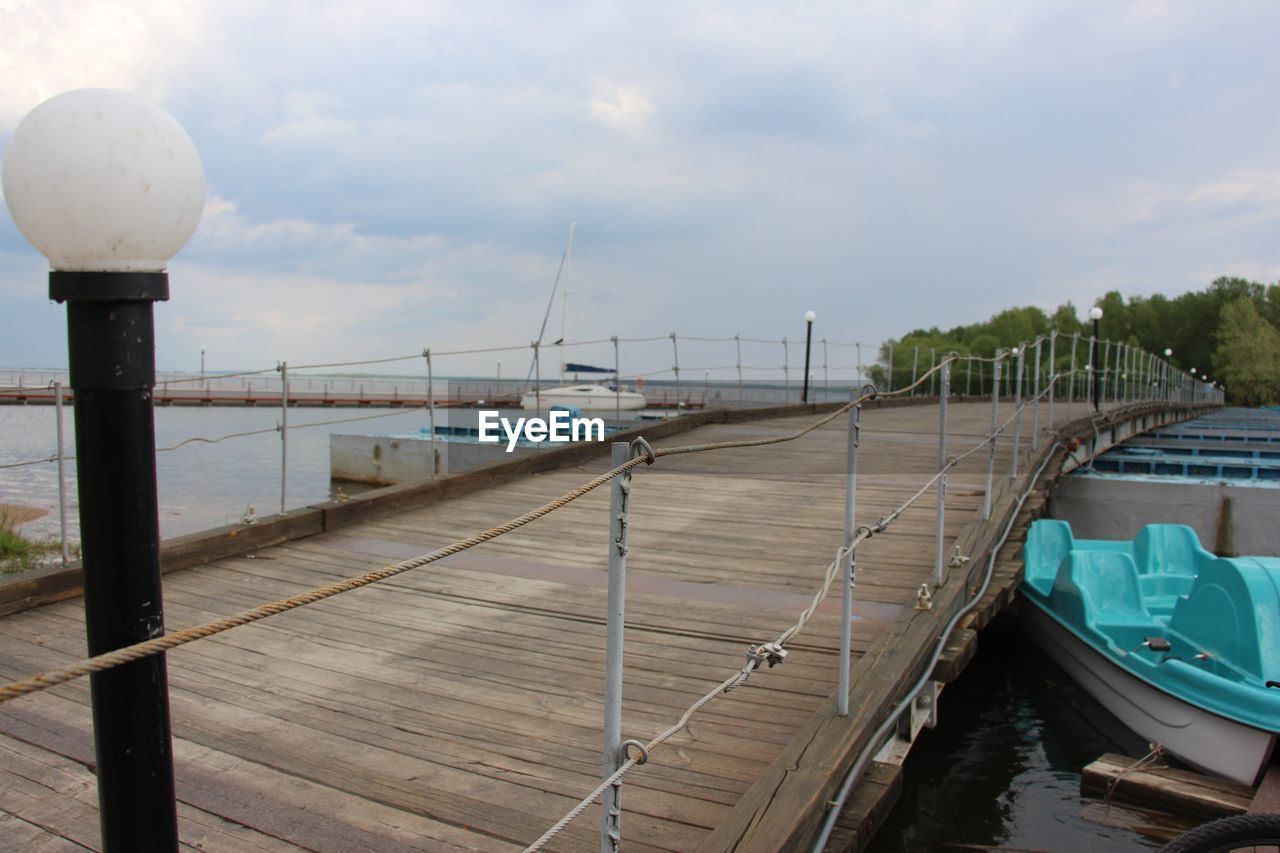 BOATS MOORED AT PIER AGAINST SKY