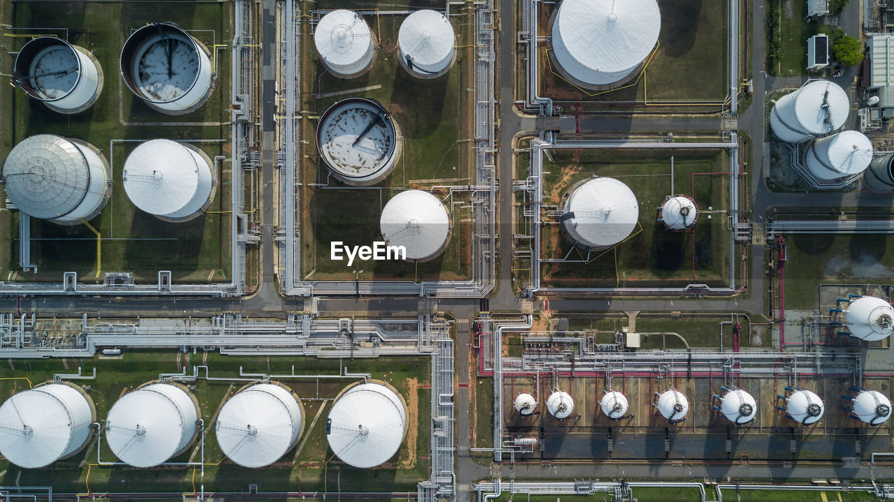 Aerial view liquid chemical tank terminal, storage of liquid chemical and petrochemical products.