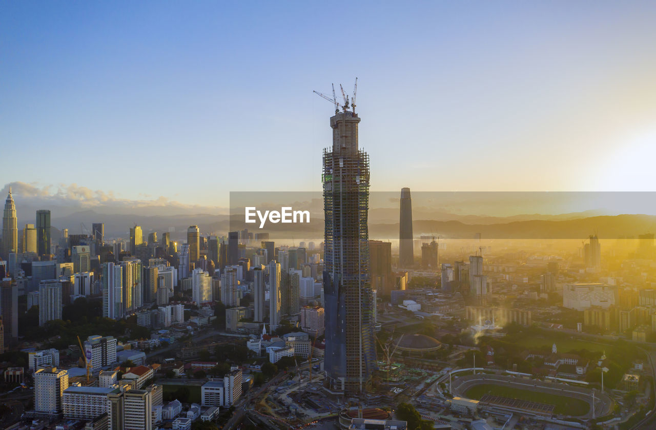 Aerial drone view of sunrise at kuala lumpur