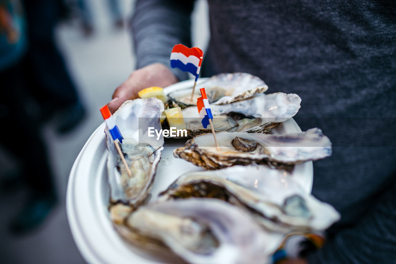 Cropped image of man holding oysters with dutch flag in plate