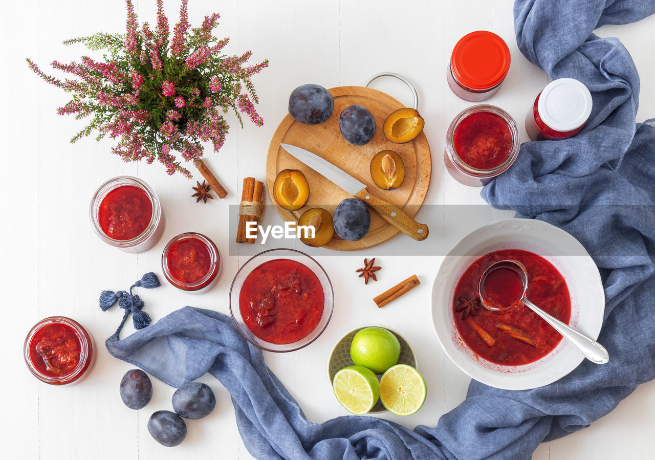 HIGH ANGLE VIEW OF BREAKFAST ON TABLE AGAINST WALL
