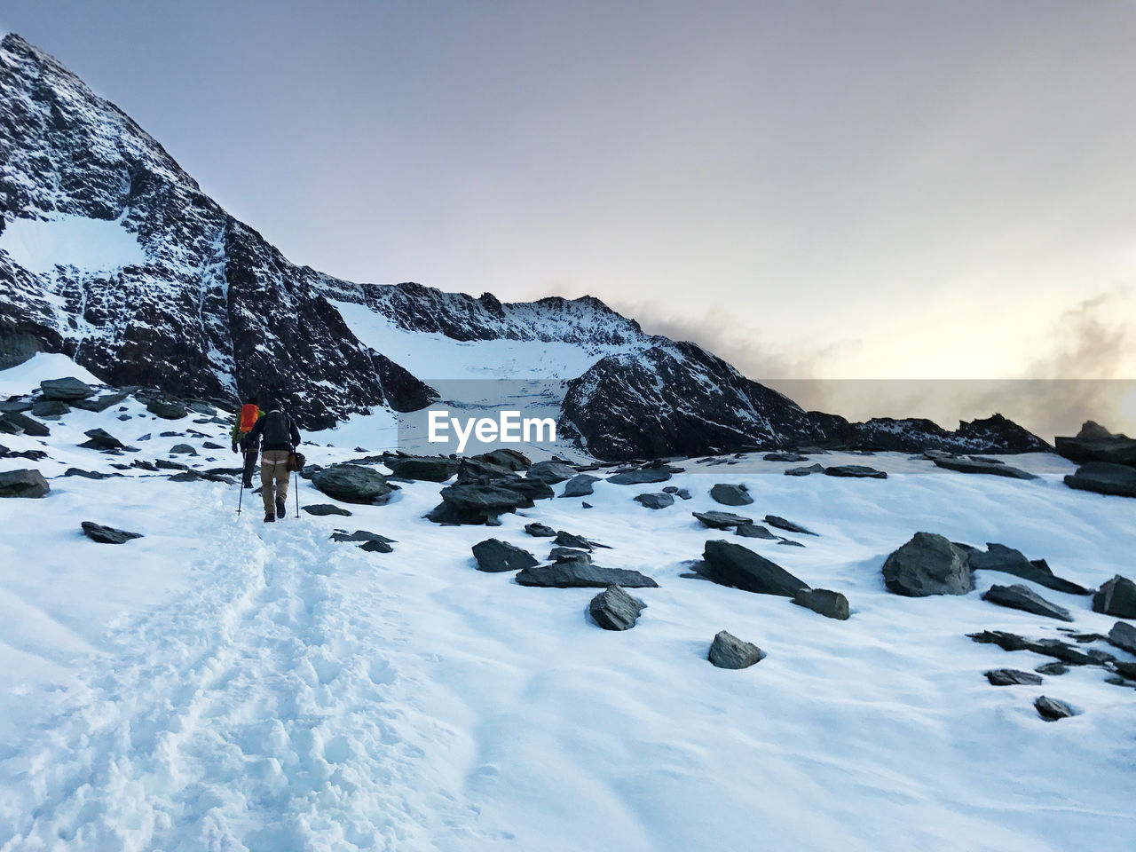 Rear view of people walking on snow covered land