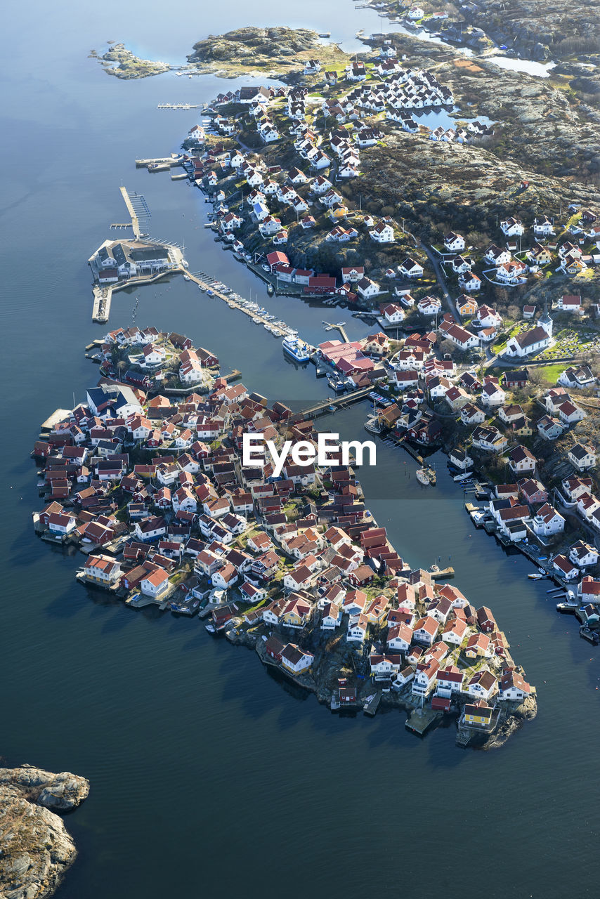 Aerial view of buildings at sea