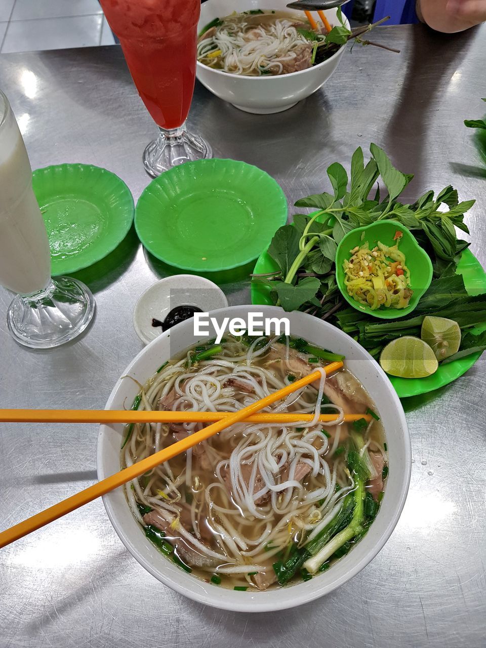 High angle view of soup in bowl on table