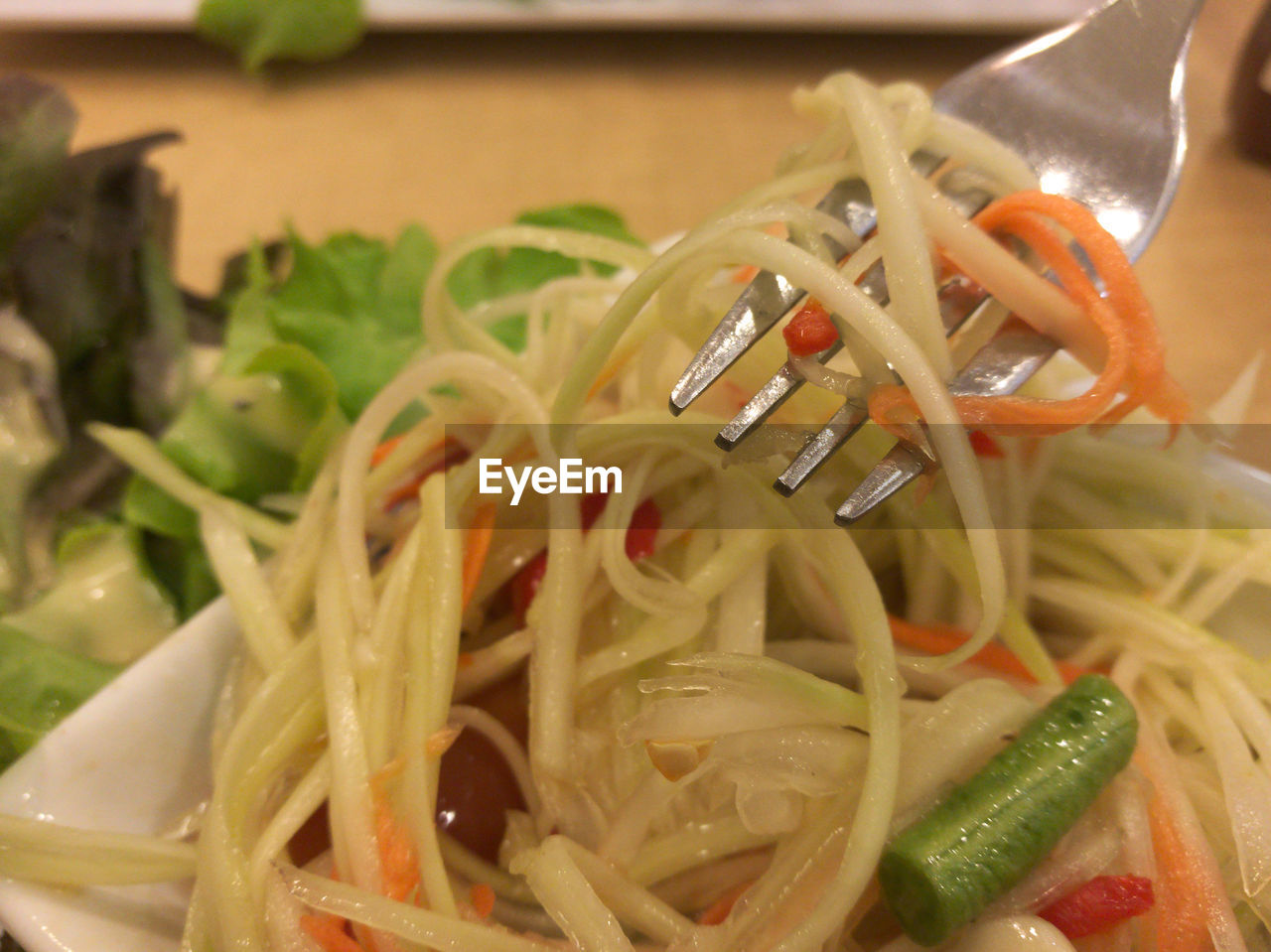 CLOSE-UP OF HAND HOLDING NOODLES