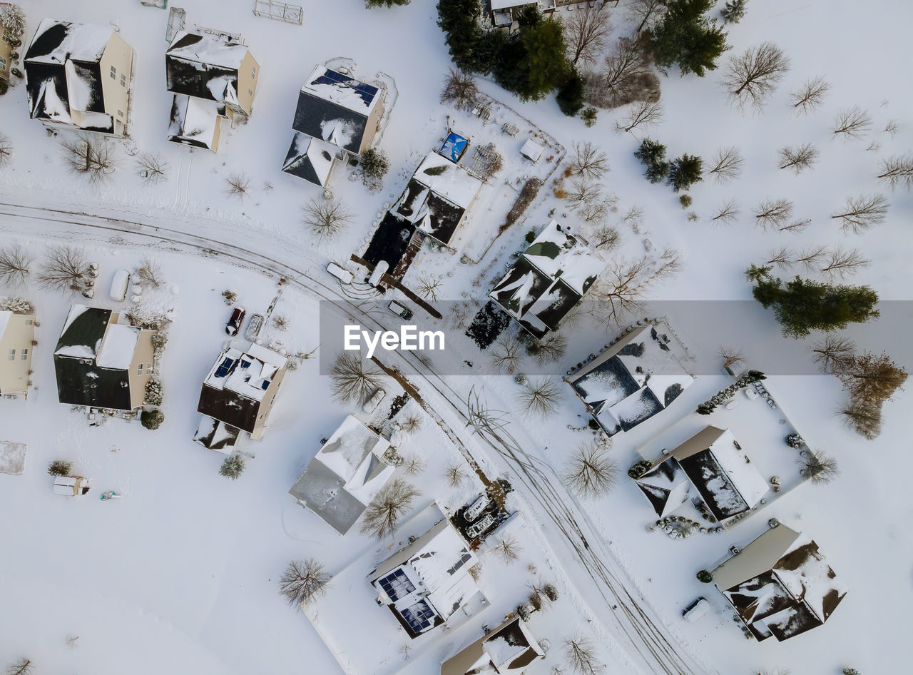 HIGH ANGLE VIEW OF TREES ON SNOW COVERED FIELD