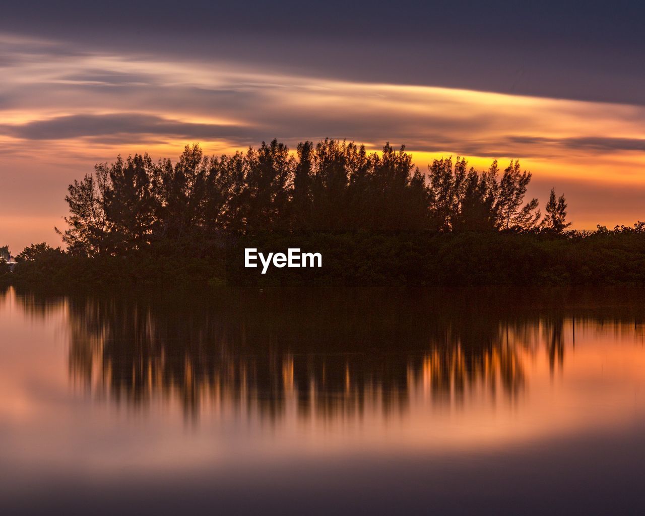 Silhouette trees by lake against sky during sunset