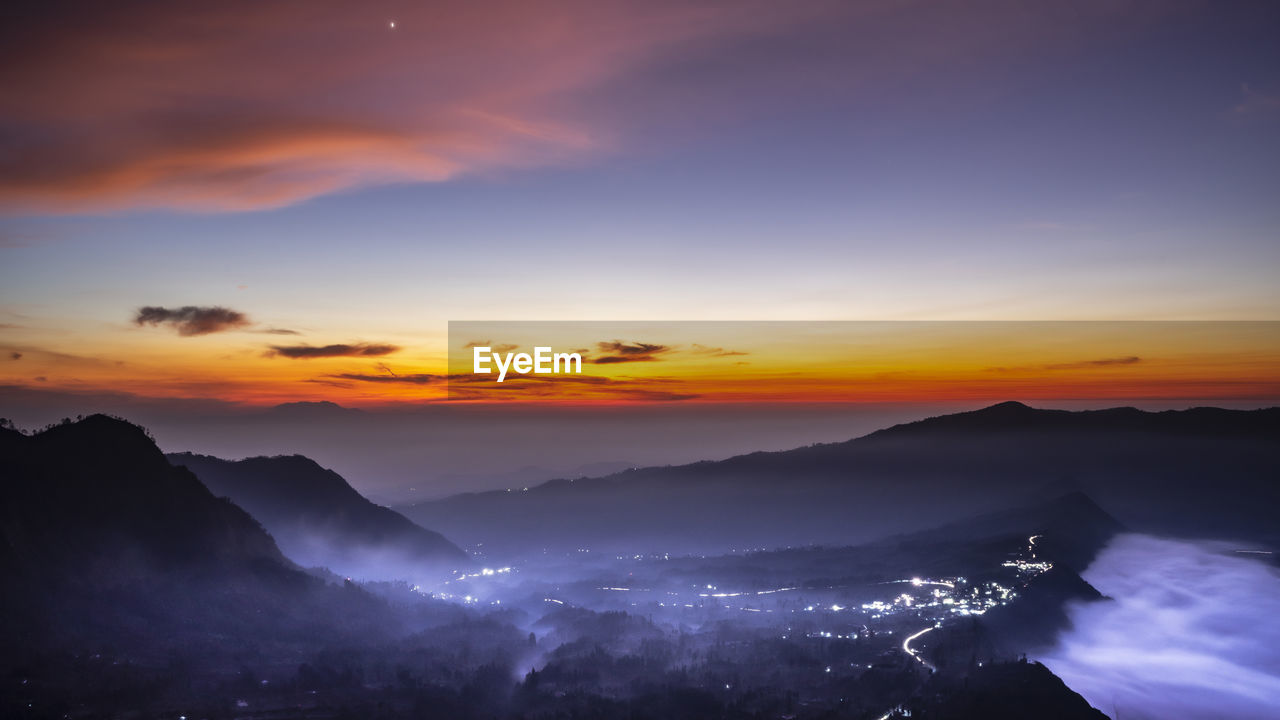 Landscape background of sunrise at bromo tengger semeru national park, indonesia