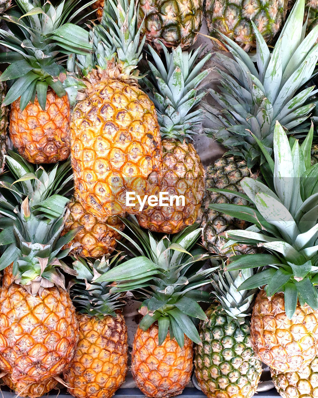 Close-up of pineapple fruit for sale at market stall