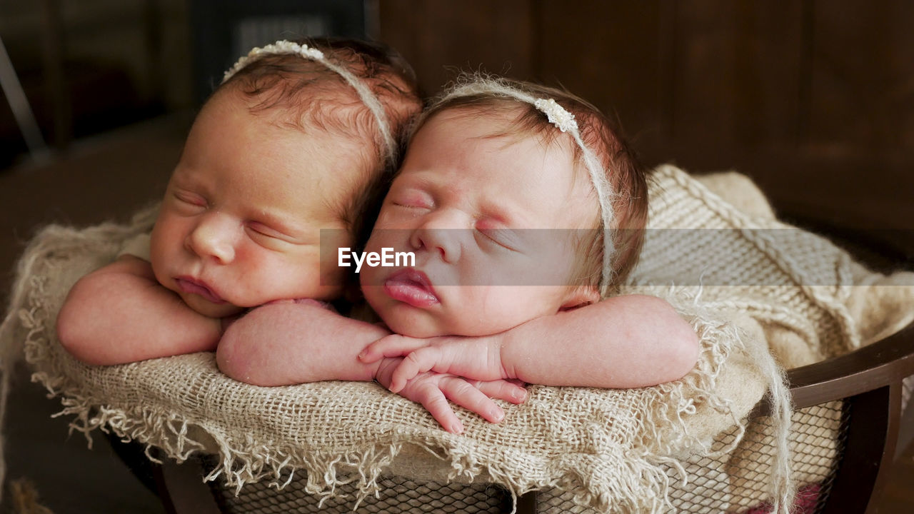 Twins sisters newborn in the winding and in a basket