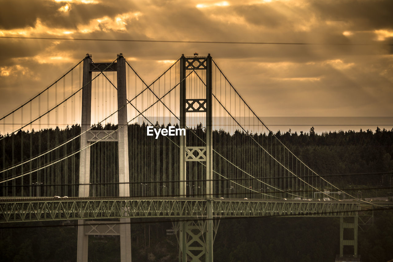 View of suspension bridge against cloudy sky