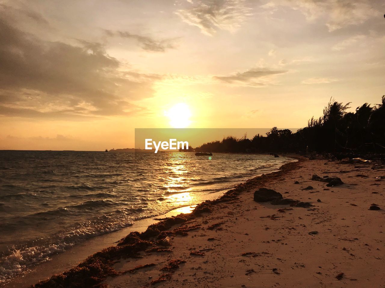 Scenic view of beach against sky during sunset