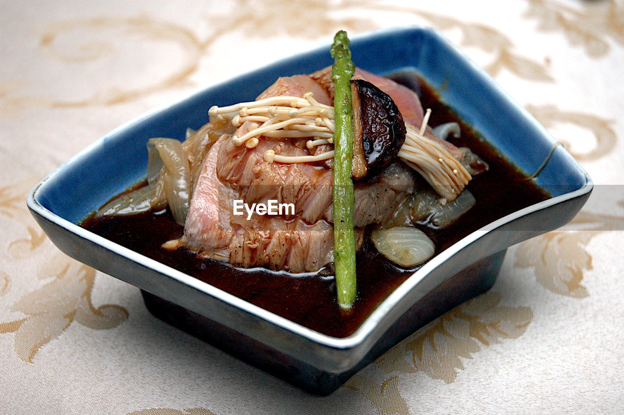 High angle view of japanese food in plate on table