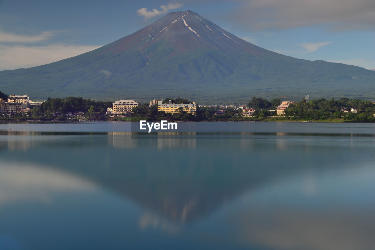 Scenic view of lake by mountains against sky