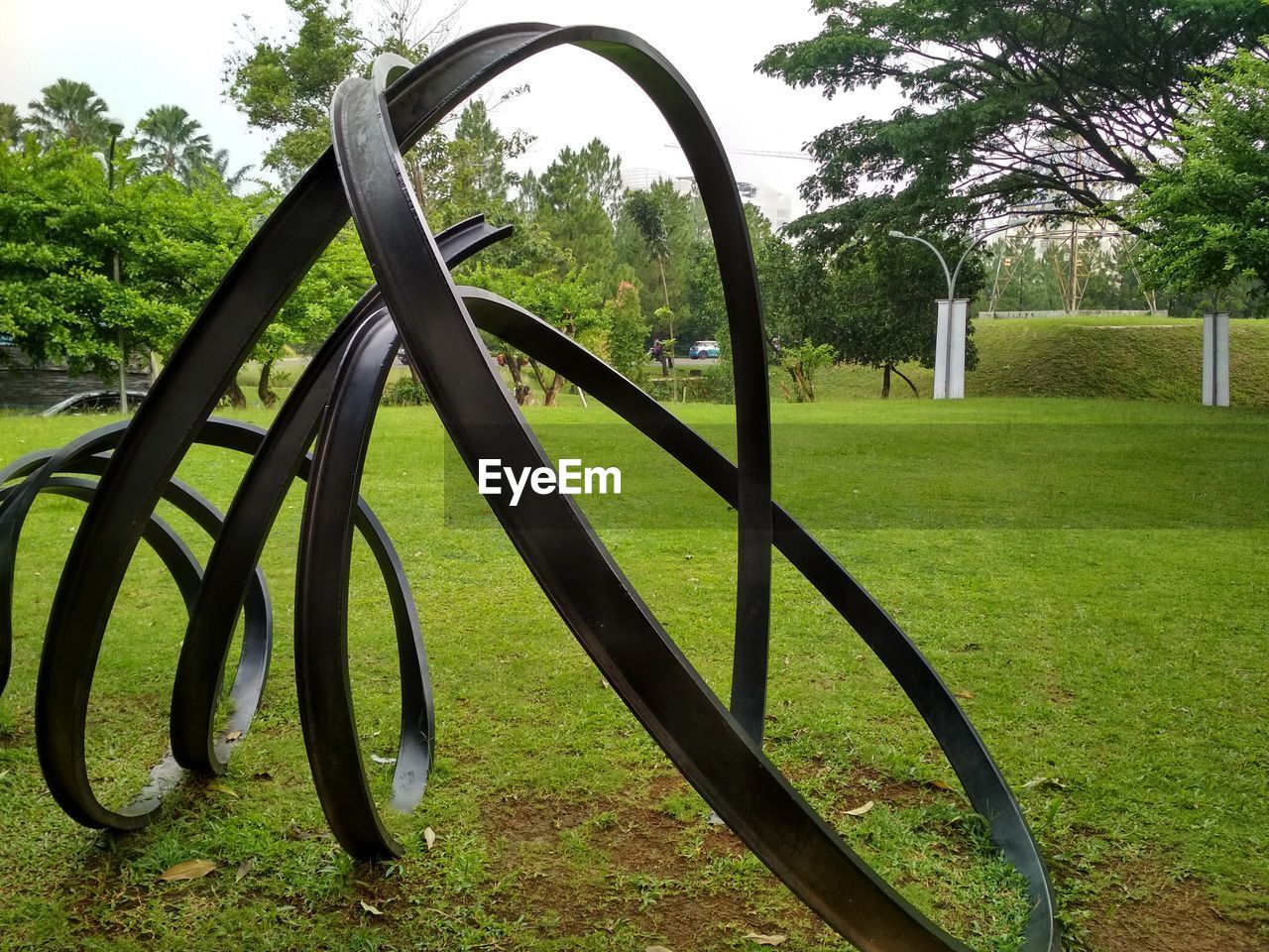 TREES IN PARK SEEN THROUGH METAL GATE