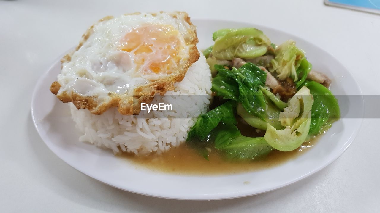 HIGH ANGLE VIEW OF FOOD SERVED IN PLATE