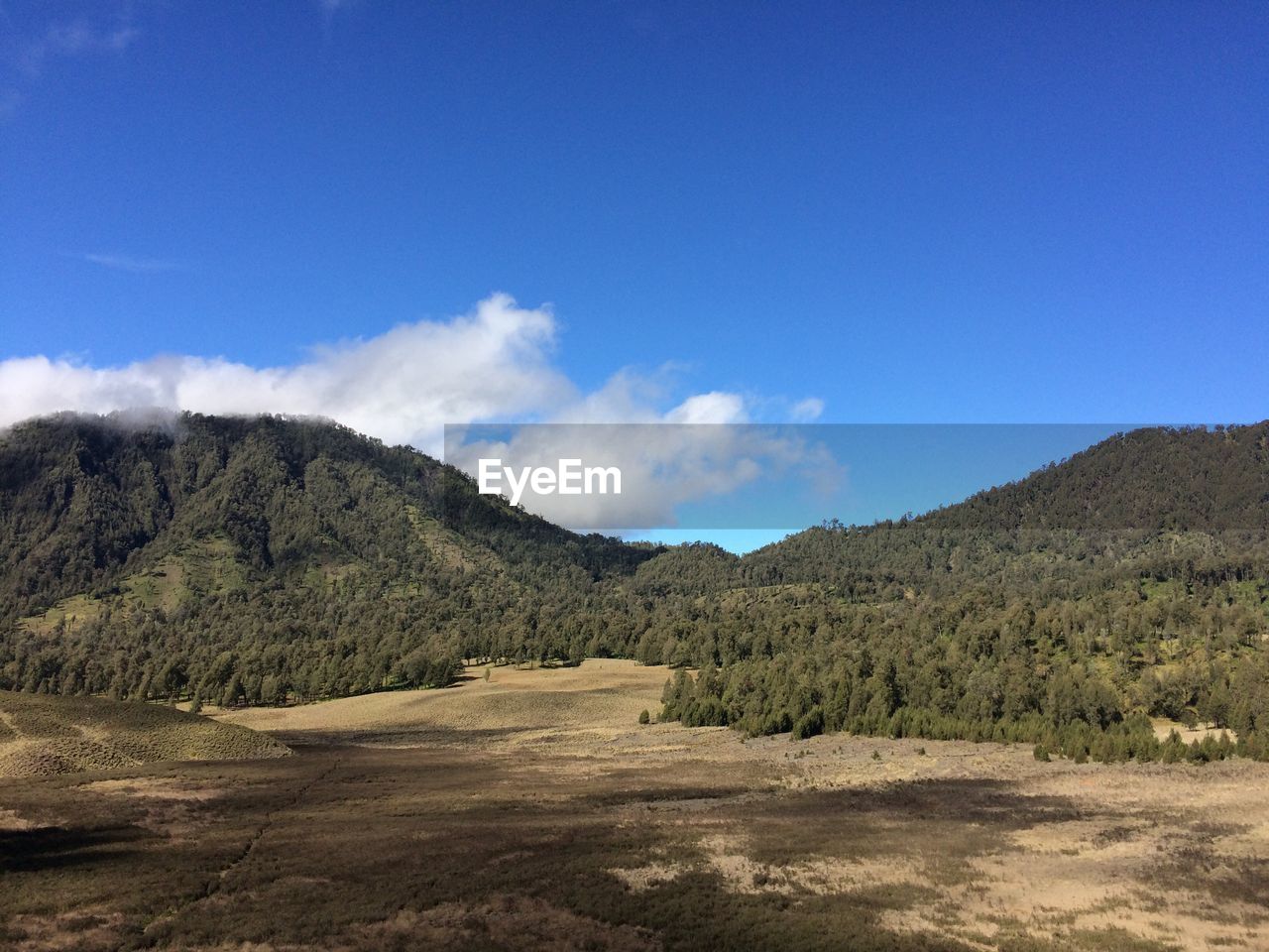 Scenic view of landscape and mountains against blue sky