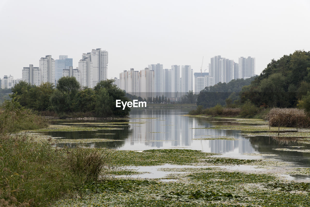 Scenic view of city against clear sky