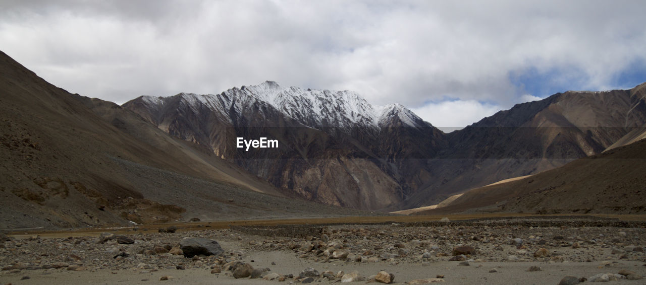 Panoramic view of snowcapped mountains against sky