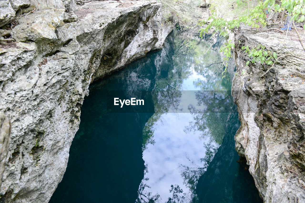 HIGH ANGLE VIEW OF WATERFALL AGAINST RIVER