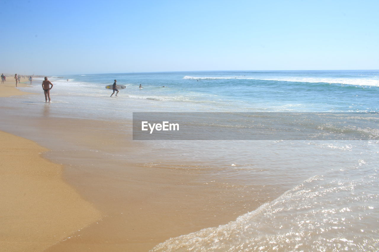 MAN WITH DOG ON BEACH AGAINST CLEAR SKY