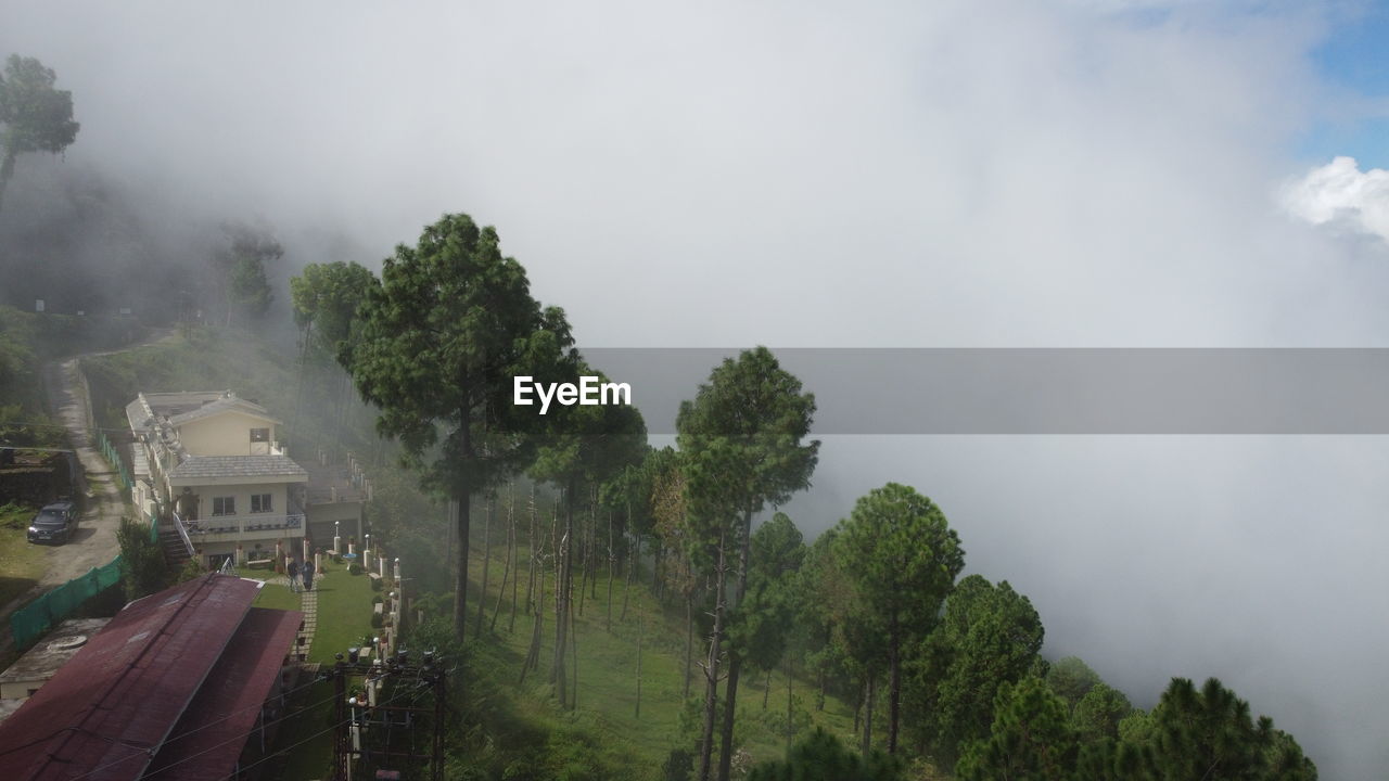 tree, fog, plant, cloud, environment, nature, sky, architecture, hill, travel, landscape, land, travel destinations, outdoors, mist, no people, tourism, beauty in nature, built structure, transportation, scenics - nature, morning, social issues, panoramic, rural area, mountain range, wet, forest, green, building exterior, city