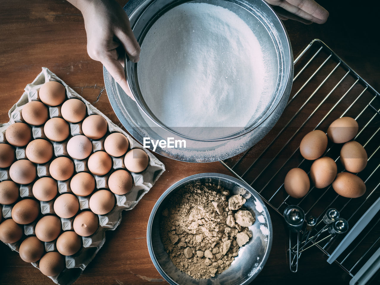 High angle view of person preparing food in kitchen