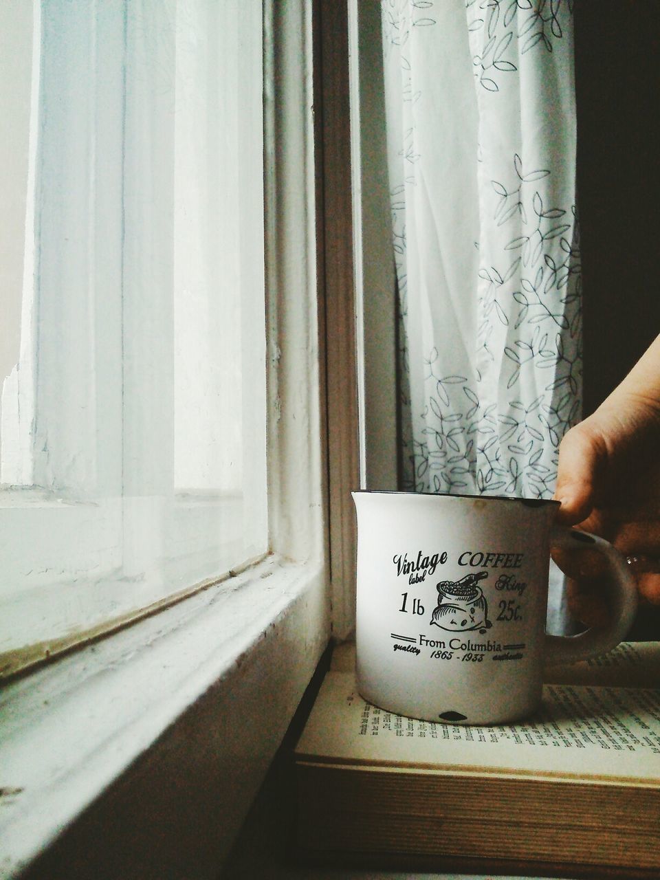 Cropped hand holding coffee mug on book by window at home