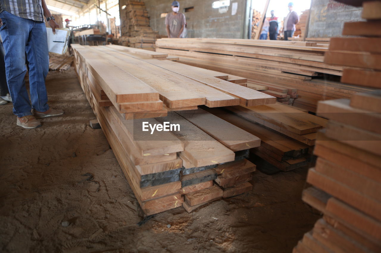 LOW SECTION OF PEOPLE WORKING ON WOODEN STRUCTURE