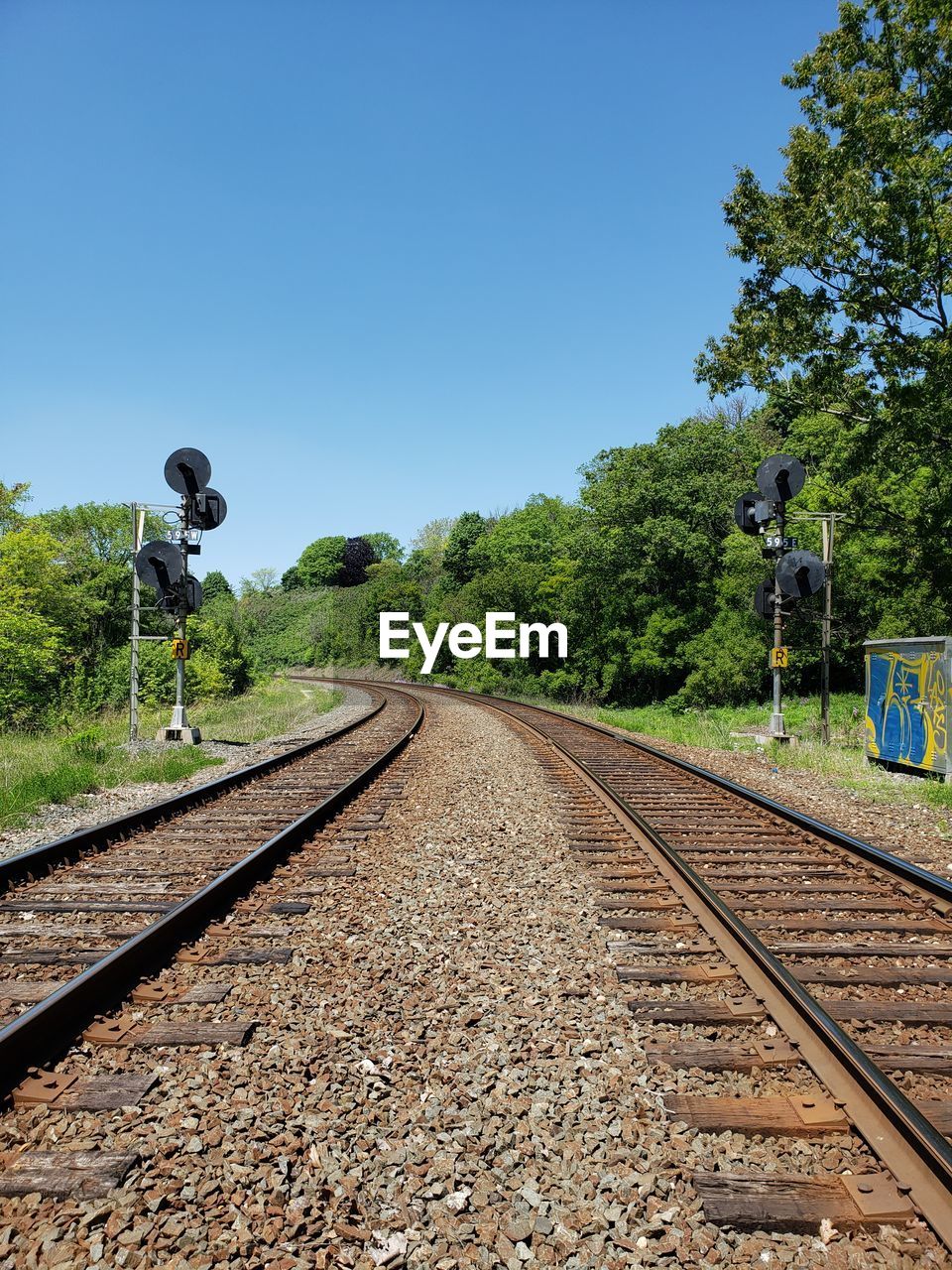 Rear view of railroad tracks amidst plants against sky