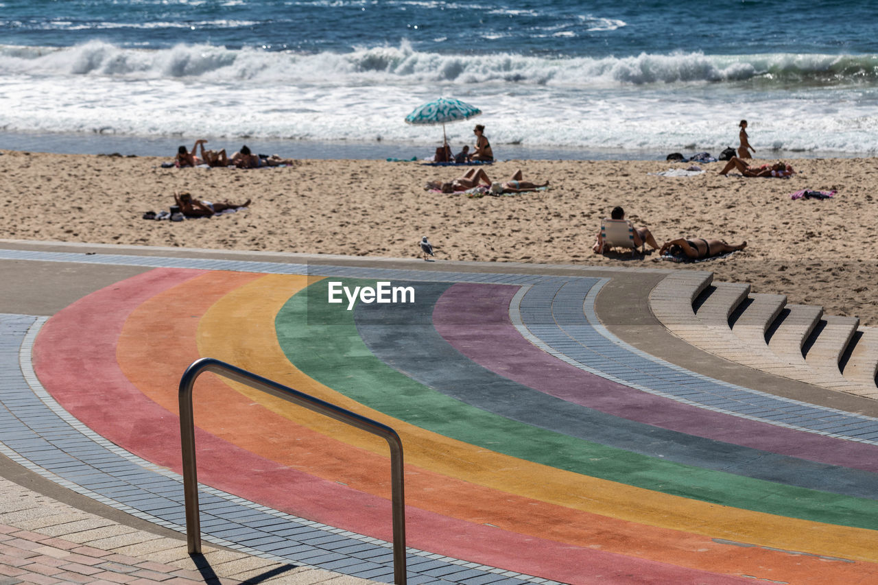 water, sea, land, beach, sports, group of people, sand, nature, day, walkway, motion, wave, leisure activity, high angle view, shore, outdoors, lifestyles, beauty in nature, men, coast, large group of people, travel destinations, scenics - nature, vacation