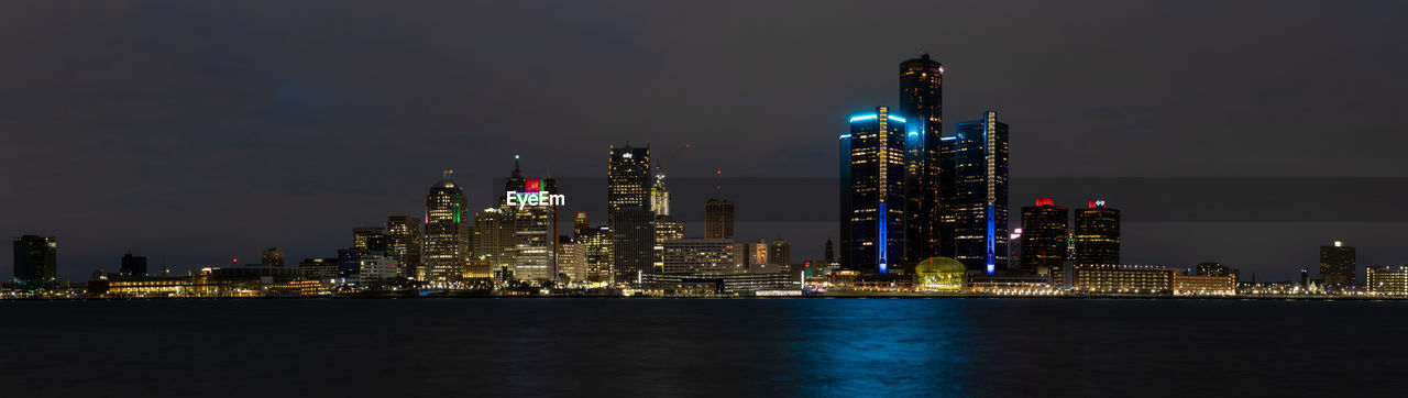 Detroit skyline at dusk viewed from windsor on.