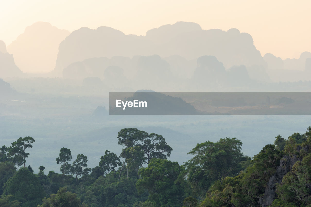 Scenic landscape view of mountains shapes  and rainforest in asia