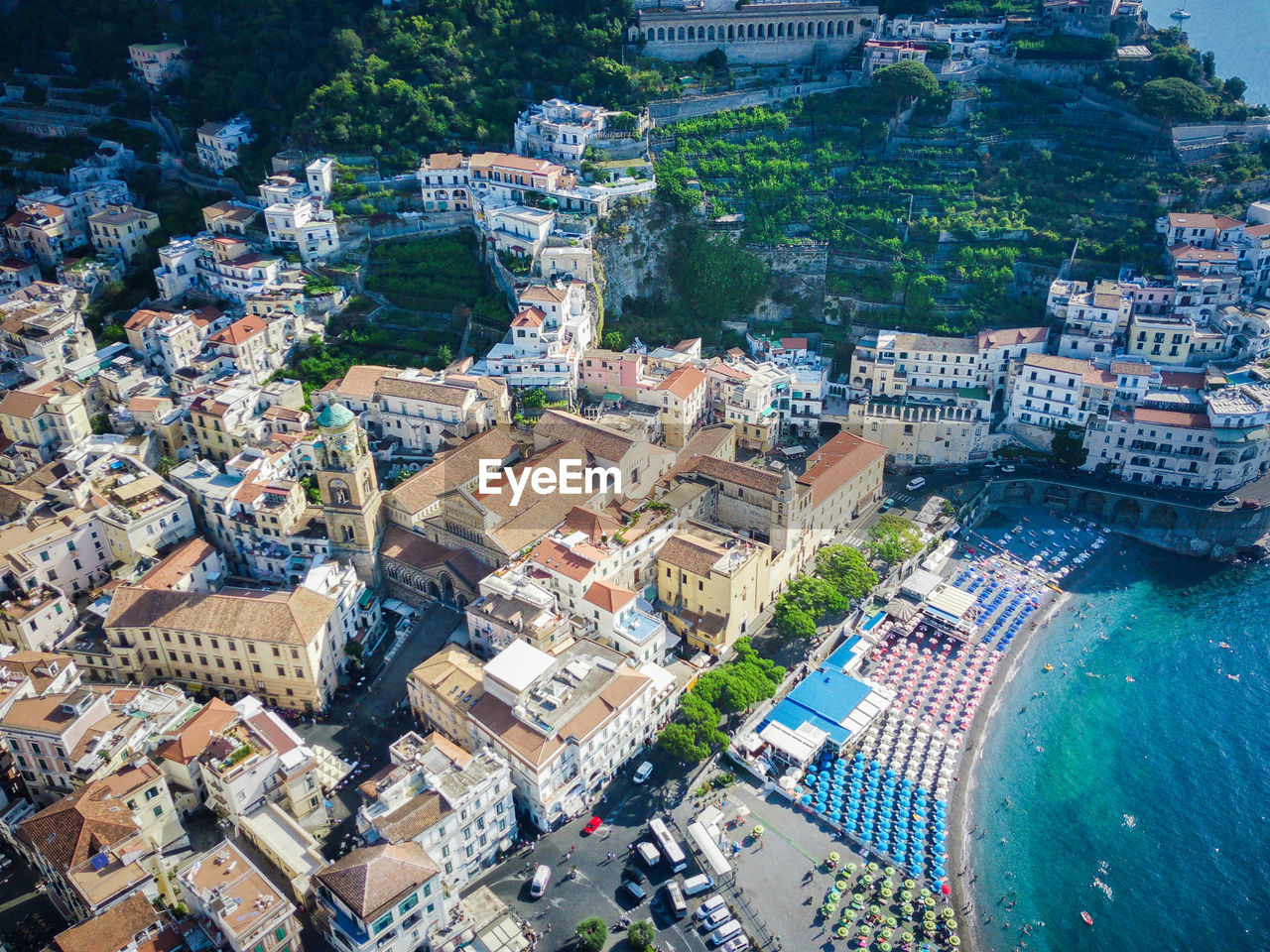 Aerial view of the cathedral and the city of amalfi, italy
